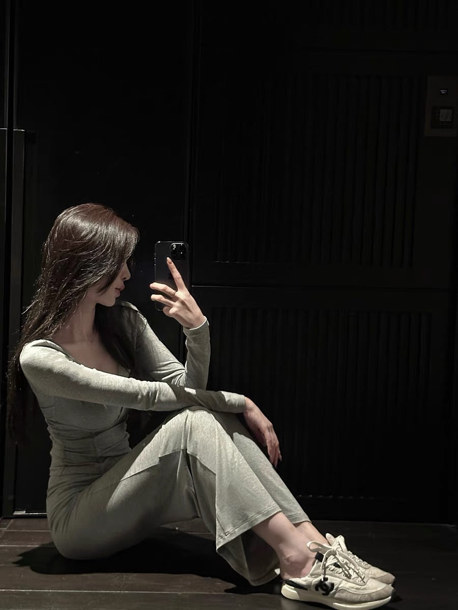 Xu Xuah [big breasts and thin waist] sexy gray fishbone long-sleeved T-shirt base + skirt long casual suit