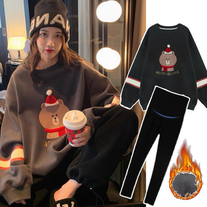 Maternity Autumn Wear Set 2023 Fashion Internet Celebrity Plus Velvet Thickened Bear Top Pregnancy Large Size Sweatshirt Two-piece Set
