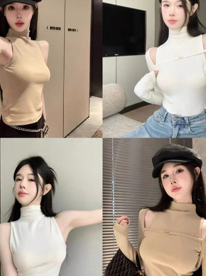 Early autumn fashionable two-piece T-shirt bottoming shirt for hot girls to wear with discreet high-neck bottoming vest and shawl top
