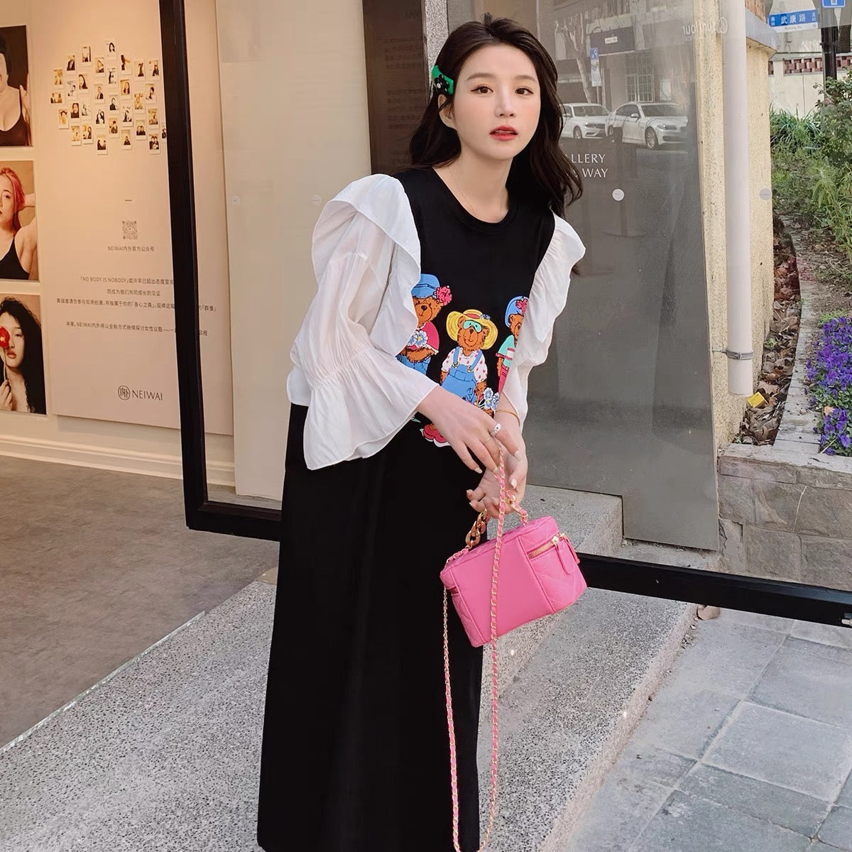 Black dress for women 2023 new summer design niche cartoon print cute age-reducing college style long skirt