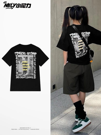 nely American retro casual fashion brand ins summer short-sleeved T-shirt men and women Harajuku half-sleeved top couple outfit