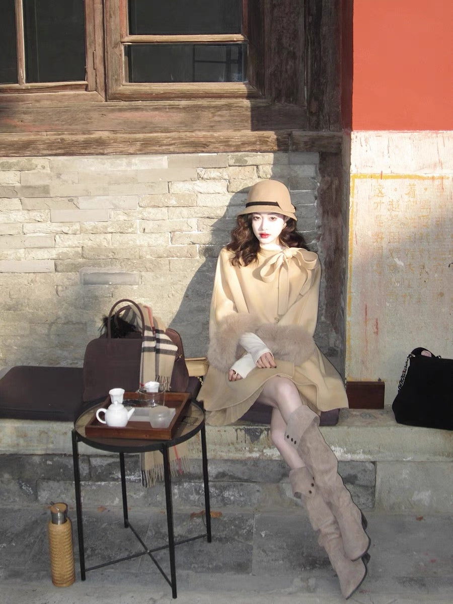 Retro elegant bow cape short wool double-sided woolen coat for women in autumn and winter T2364