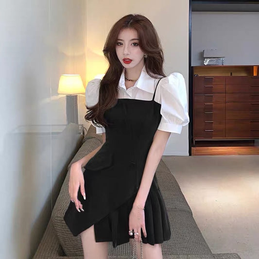 Small slim-fitting high-end pleated skirt suit for women summer chic shirt splicing irregular dress two-piece set