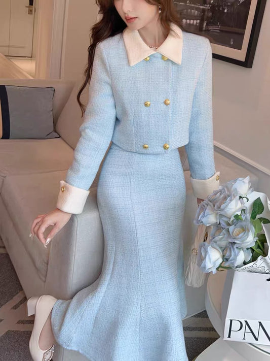 Zhang Xinzi [South Korea's daughter] 90 white duck down woolen suit skirt autumn and winter new style two-piece set