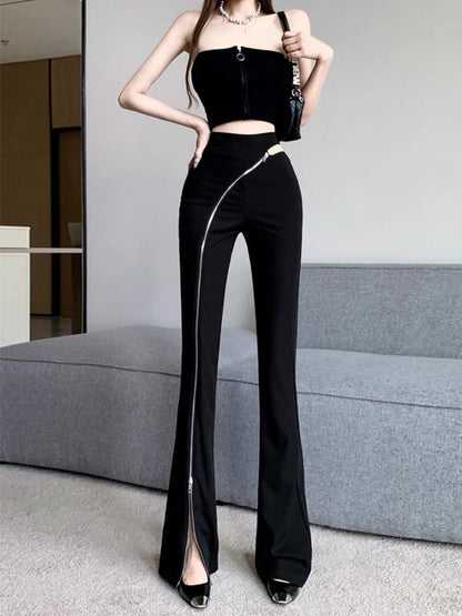 Autumn new high-end design dark style zippered tight horse hoof pants for women fashion slim casual pants (B3910)
