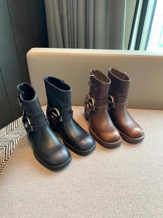 Boots for Women 2023 Autumn New European and American Style Retro Belt Buckle Genuine Leather Sleeves Thick Heel Short Boots Women's Rider Boots