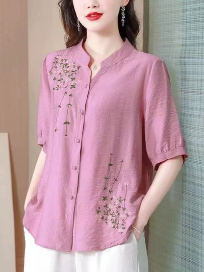 Summer mid-sleeve cotton and linen tops for women 2024 new Chinese style embroidered ladies shirts moms loose linen shirts