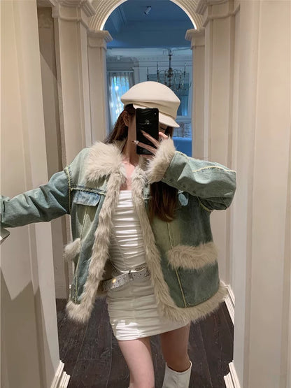 Wool splicing denim cotton coat women's winter retro washed loose lapel quilted cardigan cotton coat