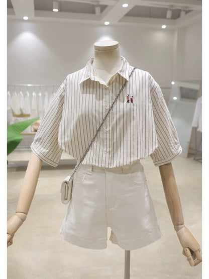Simple breathable chest embroidery 2024 summer loose slim all-match cotton striped short-sleeved shirt women's shirt