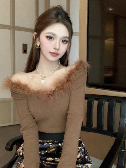 Autumn pure lust hottie sexy one-shoulder fur collar stitching long-sleeved T-shirt top women's short inner layering shirt