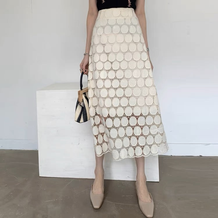 2023 new spring fairy skirt summer a-line French niche lace polka dot irregular mid-length skirt for women T3474