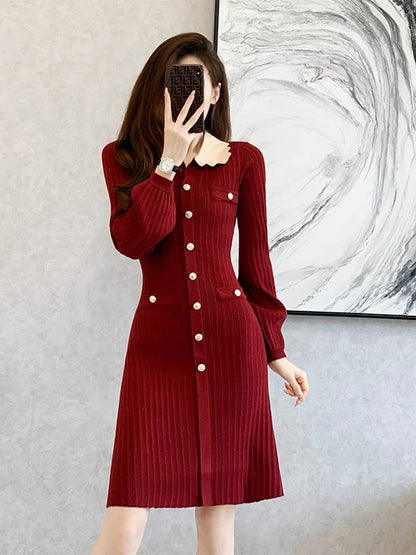 High-end retro burgundy baby doll collar dress for women, autumn and winter French tea break waist slimming knitted skirt D7796