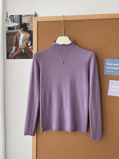 Retro soft and sticky cashmere rolled-edge turtleneck knit sweater for women, autumn and winter, gentle and versatile layering base layer top.