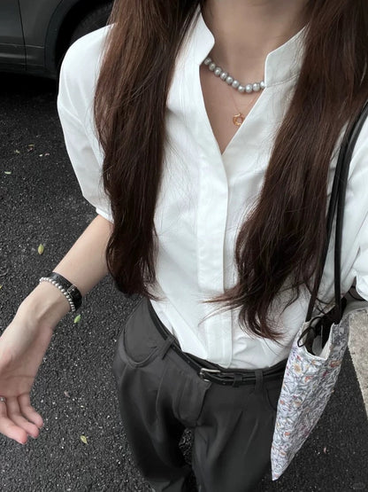 French high-end white short-sleeved shirt for women in summer 2024 new sun-proof shirt for commuting temperament v-neck top