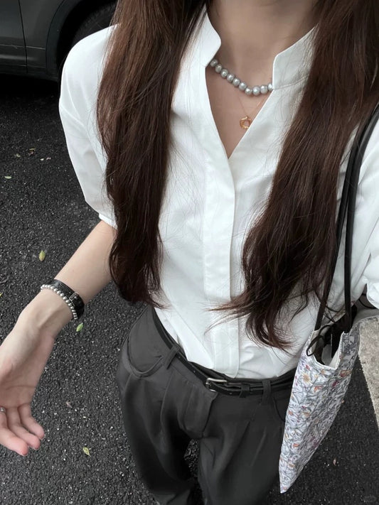 French high-end white short-sleeved shirt for women in summer 2024 new sun-proof shirt for commuting temperament v-neck top