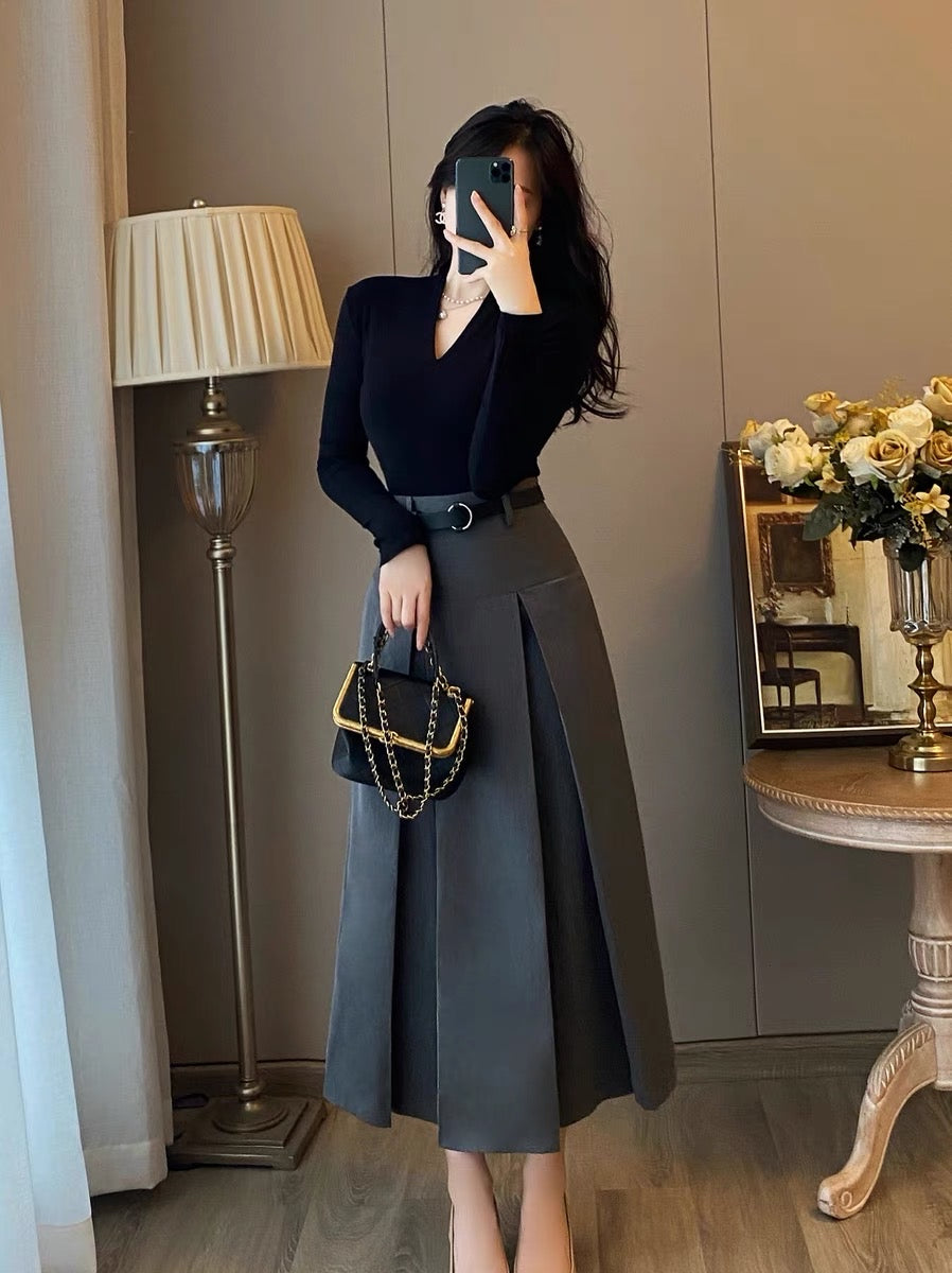 French gray high waist pleated skirt women 2023 autumn new mid-length A-line skirt umbrella skirt suit women's clothing