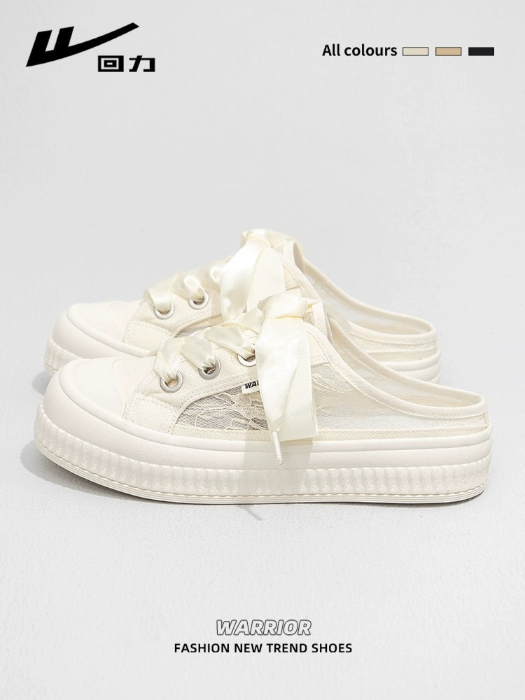 Pull back lazy one-legged Baotou half-slippers for women 2024 spring new mesh breathable canvas shoes casual sneakers