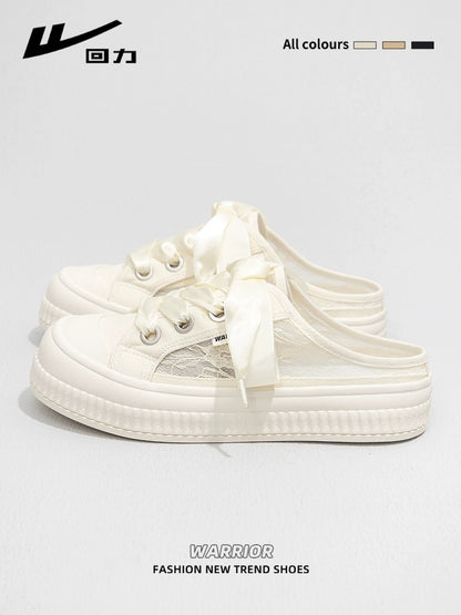 Pull back lazy one-legged Baotou half-slippers for women 2024 spring new mesh breathable canvas shoes casual sneakers