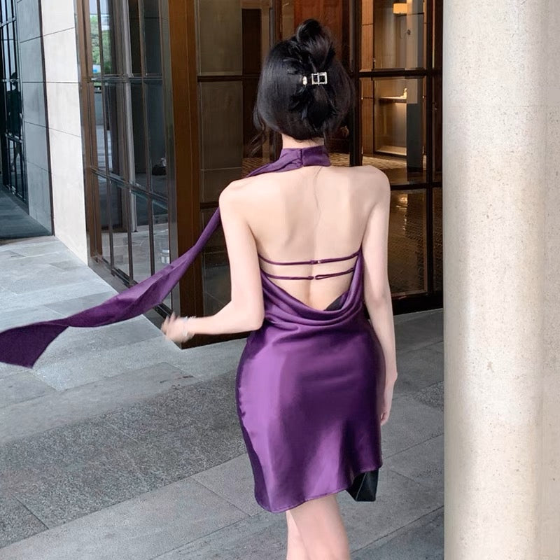 French Spice Girl Temperament High Sexy Backless Purple Satin Ribbon Halter Neck Suspender Dress Female Summer Bag Hip Skirt