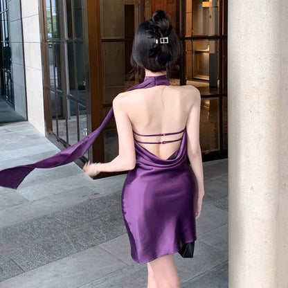 French Spice Girl Temperament High Sexy Backless Purple Satin Ribbon Halter Neck Suspender Dress Female Summer Bag Hip Skirt