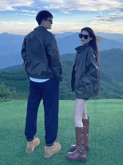 Couple outfit American retro brown leather jacket men's spring and autumn 2023 new Hong Kong style high-quality PU leather jacket