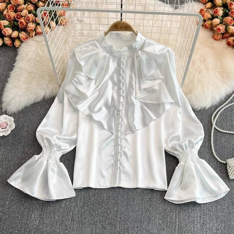 Palace style retro temperament trumpet sleeve stand collar acetate satin shirt French design feeling western style loose top women