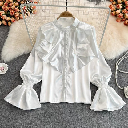 Palace style retro temperament trumpet sleeve stand collar acetate satin shirt French design feeling western style loose top women