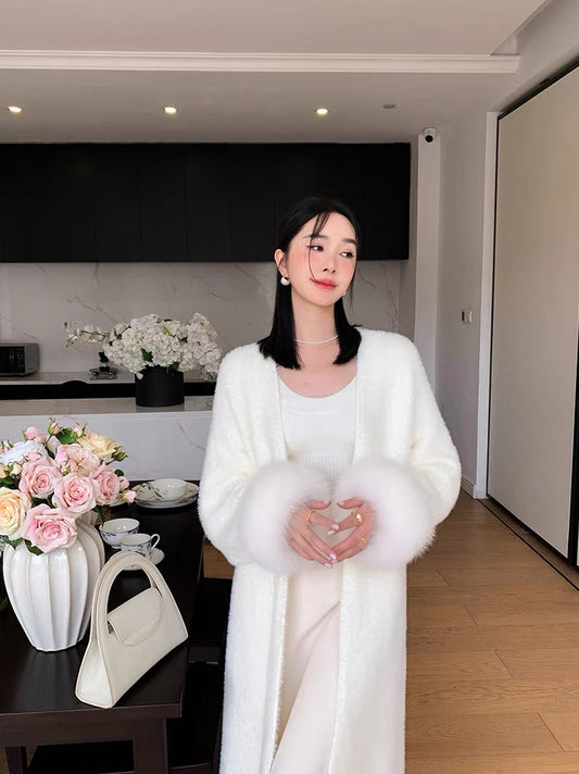 WJJ Autumn and Winter Women's Cardigan Loose Knitted Mink Velvet Cheongsam Jacket Coat Fur Fox Fur Cuffs