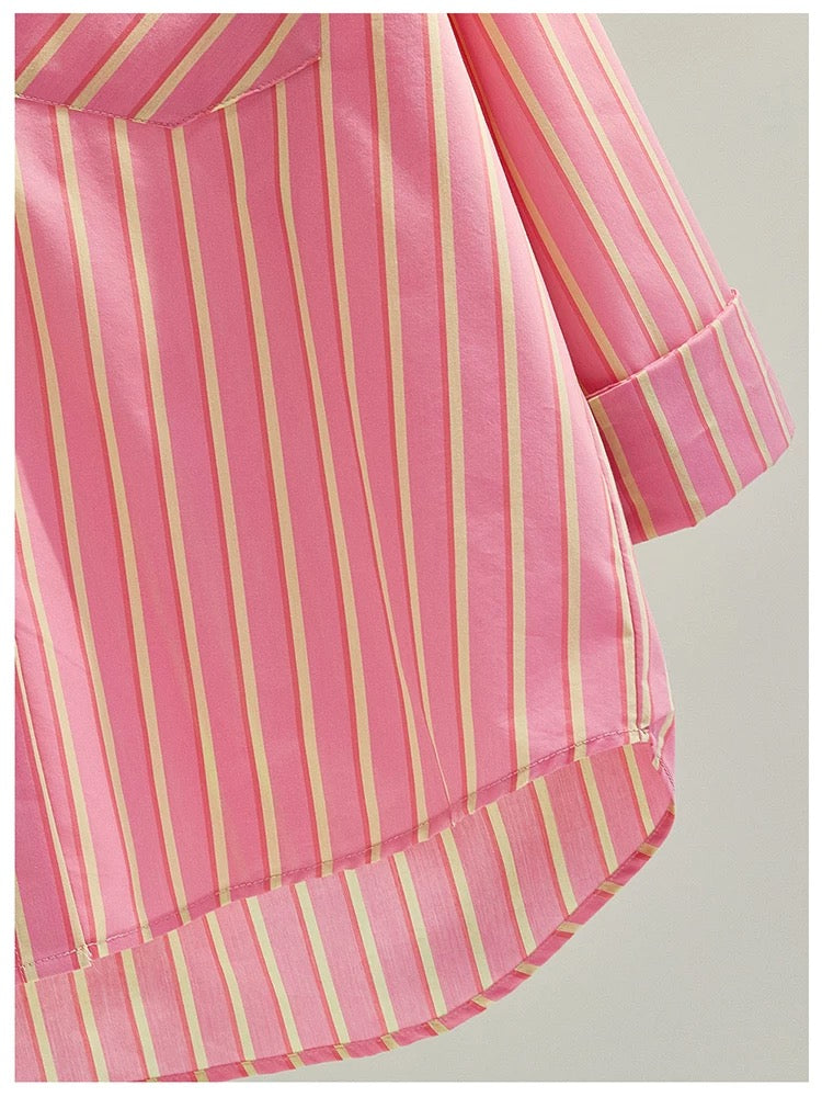 European style pink age-reducing striped cotton shirt for women spring and summer new Korean version loose single-breasted long-sleeved shirt