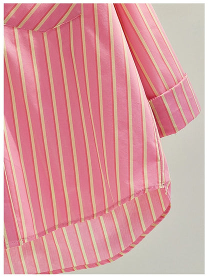 European style pink age-reducing striped cotton shirt for women spring and summer new Korean version loose single-breasted long-sleeved shirt