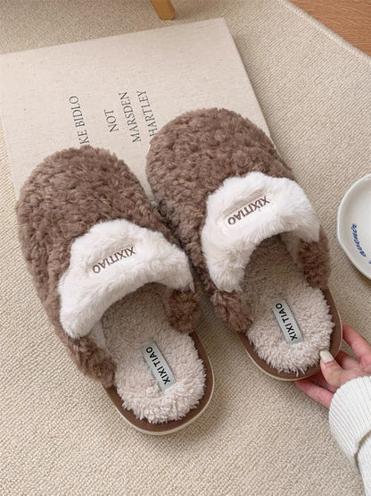 Thin Strips Couple Cotton Slippers Autumn and Winter Men and Women Fashion Home Warm Korean Style Bow-tie Furry Shoes ins