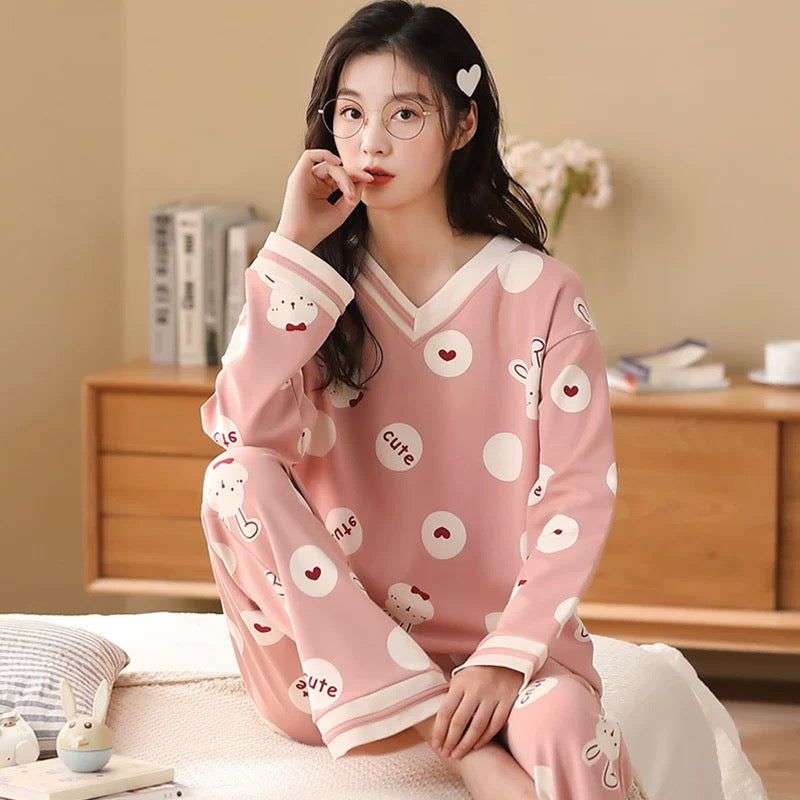 Pajamas for women Spring and Autumn 2024 new long-sleeved cotton large size summer cute autumn and winter home clothes suit
