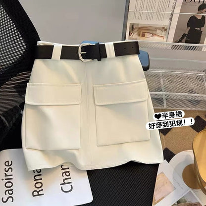 Double-pocket personalized tooling skirt female 2023 summer small tall waist slim a bag hip skirt with belt