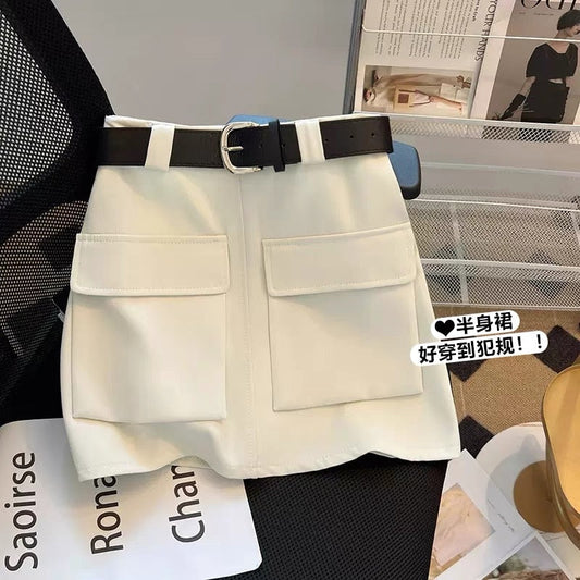 Double-pocket personalized tooling skirt female 2023 summer small tall waist slim a bag hip skirt with belt