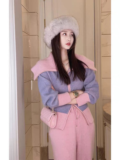 2023 Autumn and Winter New Women's Clothing Royal Sister Style Korean Drama Sweater Small Fragrance Style Lady's Wide-leg Pants Two-piece Suit (V5512)