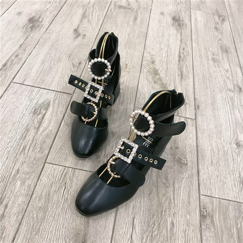 European and American Spring and Autumn High Heels 2023 New Sandals Female Internet Celebrities Sexy Pearl Rhinestone Hollow Thick Heel Roman Shoes