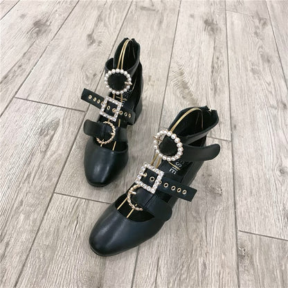 European and American Spring and Autumn High Heels 2023 New Sandals Female Internet Celebrities Sexy Pearl Rhinestone Hollow Thick Heel Roman Shoes
