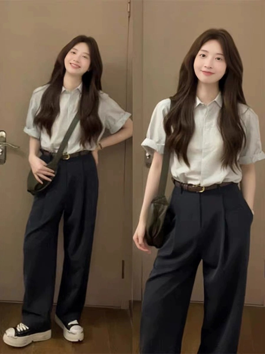 Korean commuting workplace newcomer outfit suit short-sleeved shirt suit casual pants two-piece suit petite summer