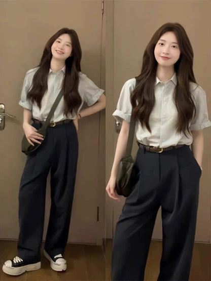 Korean commuting workplace newcomer outfit suit short-sleeved shirt suit casual pants two-piece suit petite summer