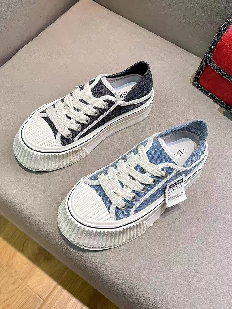 Uncle MJ thick-soled platform shoes women's new denim fashion all-match casual shoes round toe lace-up biscuit shoes