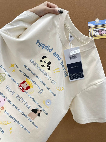 American style ins three bears printed cotton short-sleeved T-shirt men and women summer heavyweight all-match loose couple tops