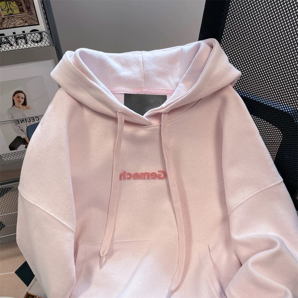 American style pink sweet and spicy letter embroidered hooded sweatshirt for men and women spring and autumn chic lazy Hong Kong style petite top