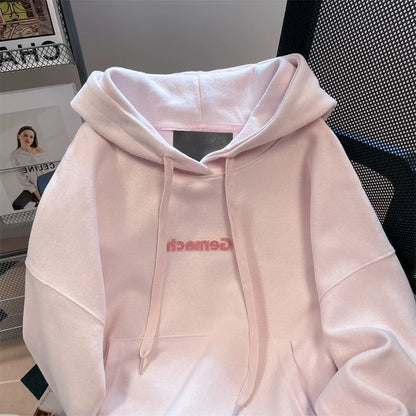 American style pink sweet and spicy letter embroidered hooded sweatshirt for men and women spring and autumn chic lazy Hong Kong style petite top