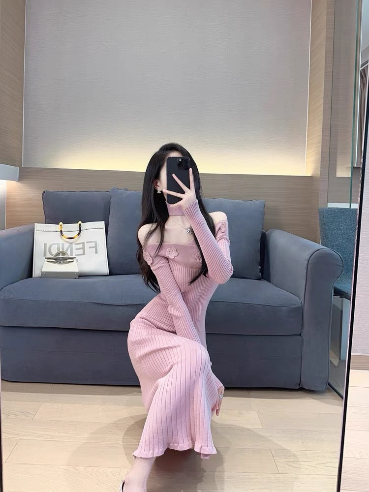 Pink knitted dress autumn women's 2023 new style elegant lady mid-length one-line collar off-the-shoulder bottoming skirt (S5555)