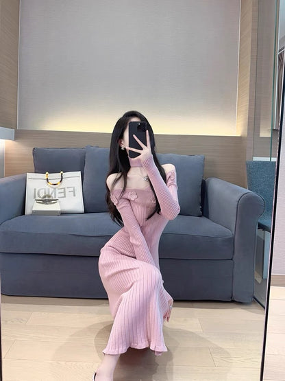 Pink knitted dress autumn women's 2023 new style elegant lady mid-length one-line collar off-the-shoulder bottoming skirt (S5555)