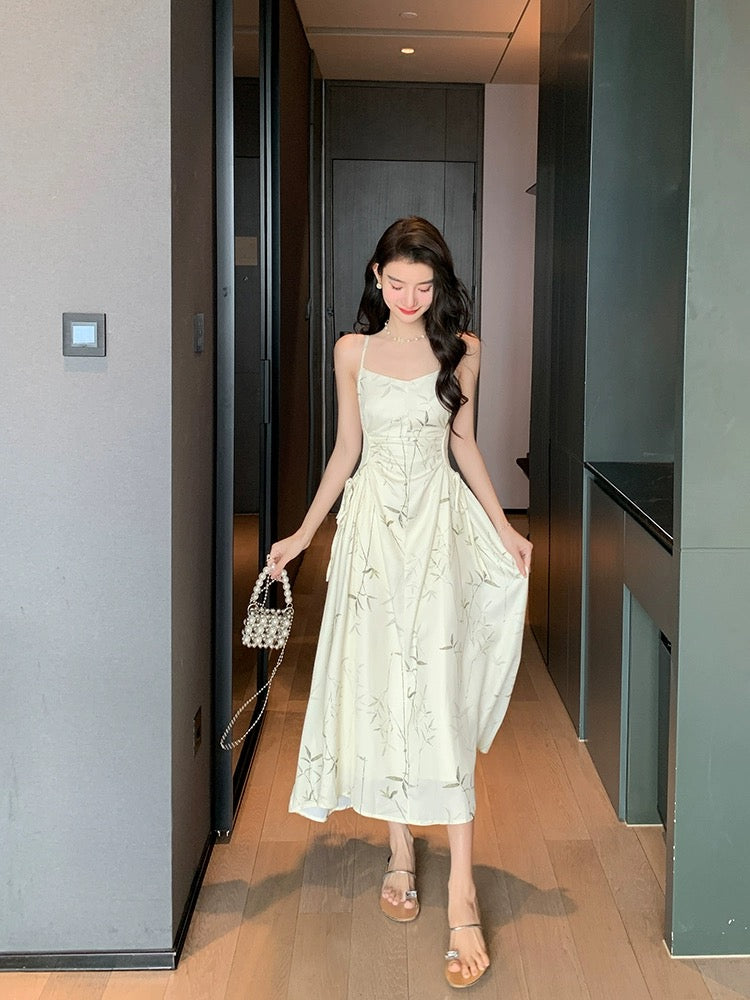 Deng Liuliu printed satin suspender dress women's summer draping waist to show figure design new Chinese style long skirt