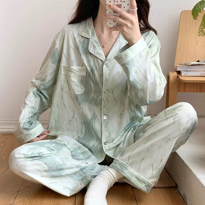 Pajamas women summer cardigan long-sleeved trousers suit summer ladies 2024 new cartoon spring autumn winter home clothes