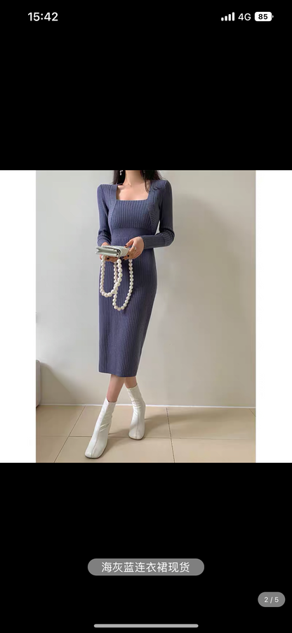 WANGXO Square Neck Red Knitted Dress Slim-fitting Waist Slim Christmas New Year Bottoming Shirt Mid-Length Skirt (B1715)