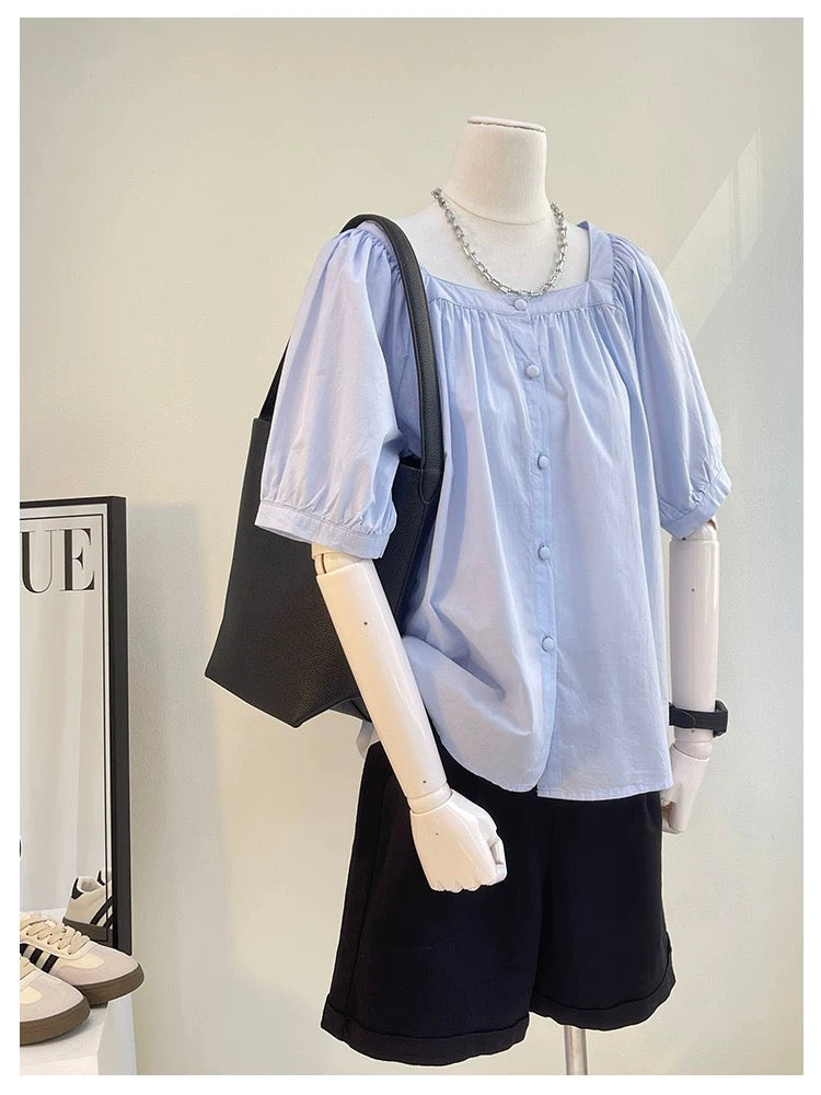 The last wave of new styles in summer~ French square collar tops, small shirts, pure cotton buttons, loose solid color short-sleeved shirts for women in summer