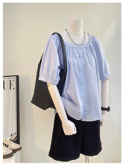 The last wave of new styles in summer~ French square collar tops, small shirts, pure cotton buttons, loose solid color short-sleeved shirts for women in summer